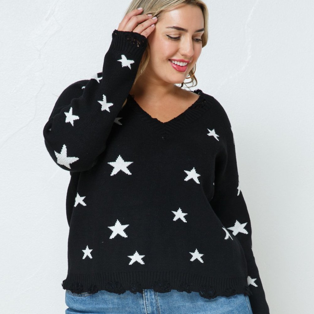 V-Neck Star Sweater with Distressed Hem Detail